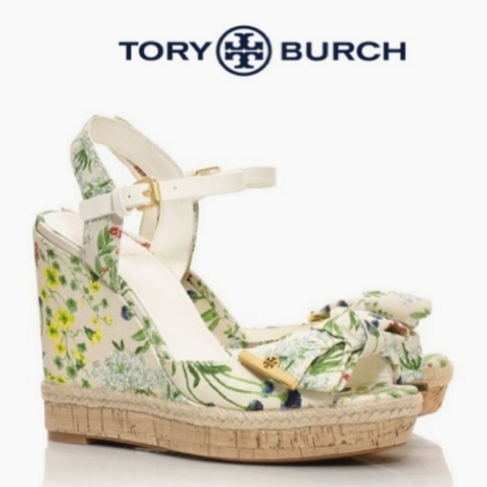 Tory Burch Penny logo bow espadrilles platform wedge sandals size 8